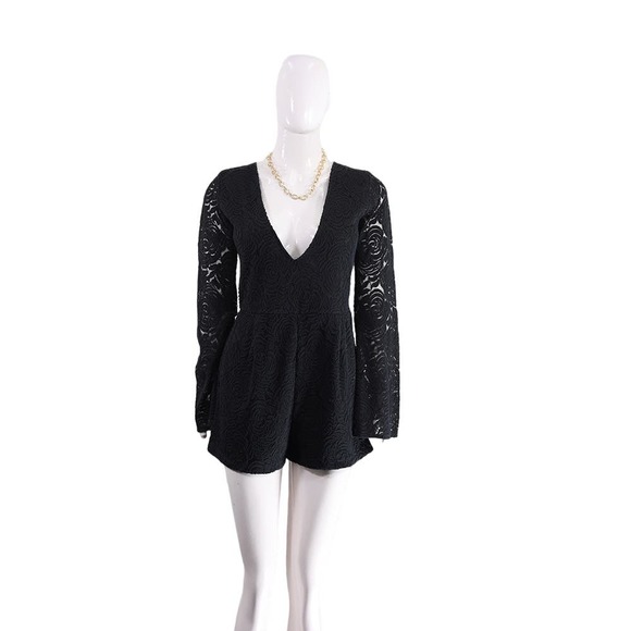 Stylish Motel Black Lace Romper V-Neck & Flare Sleeves - Picture 1 of 5